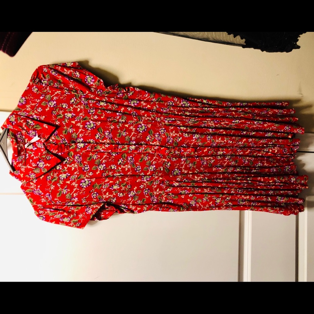 Red floral button-up dress